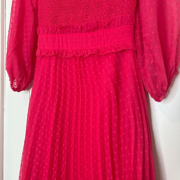 ASOS DESIGN Textured Pleated Shirred Midi Dress Hot Pink size 0 Smocked - Picture 8 of 11